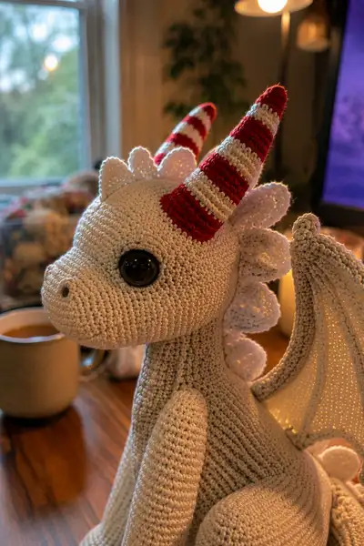 Big Snow White Dragon with Candy Cane Striped Horns Amigurumi Pattern step 2 - assembly progress