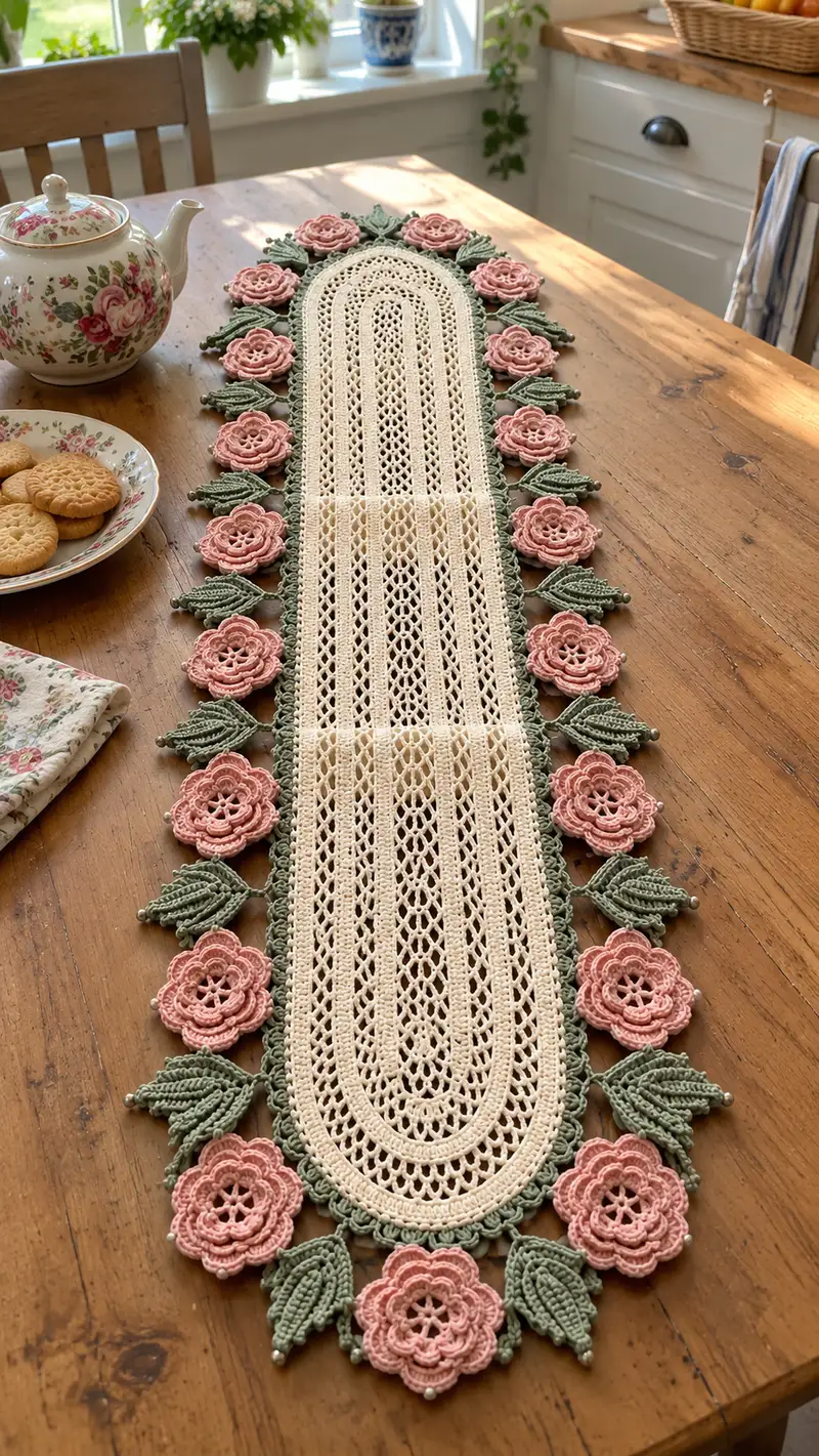 Vintage Floral Oval Table Runner Pattern crochet pattern - detailed view of completed project