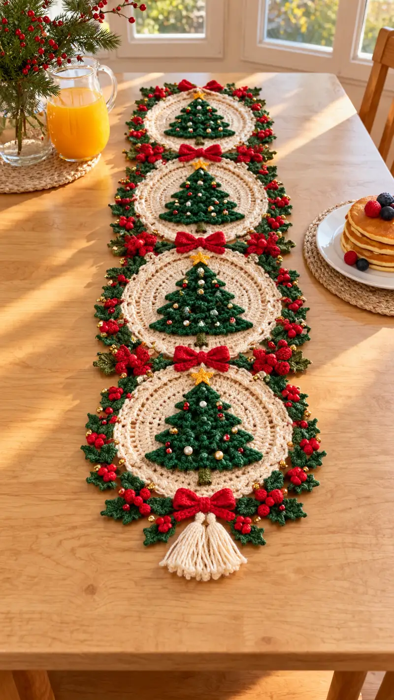 Green And Cream Christmas Tree Table Runner Pattern crochet pattern - detailed view of completed project