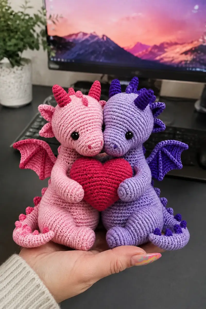 Big Sweetheart Dragon Couple Holding One Heart Amigurumi Pattern crochet pattern - detailed view of completed project