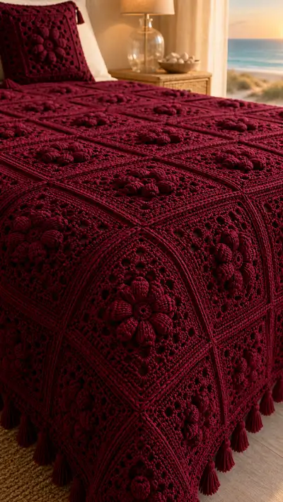 Deep Wine Granny Square Bedspread Pattern step 2 - assembly progress