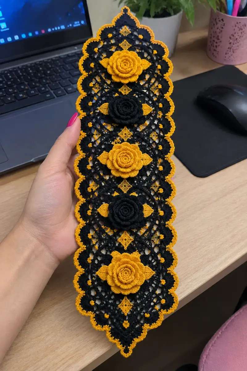Marigold and Black Rose Gothic Table Runner Pattern crochet pattern - detailed view of completed project