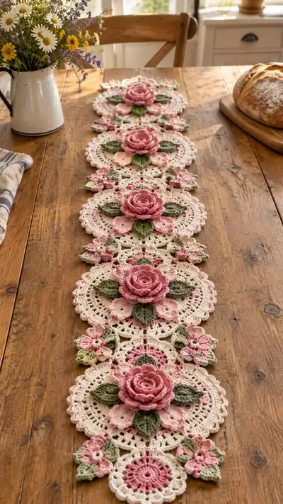 Dusty Pink Rose And Cream Table Runner Pattern step 1 - construction progress