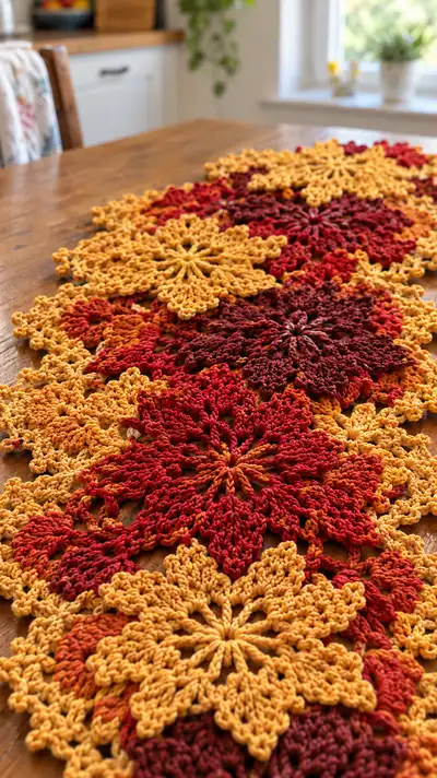 Autumn Daisy Mandala Table Runner Pattern step 2 - assembly progress
