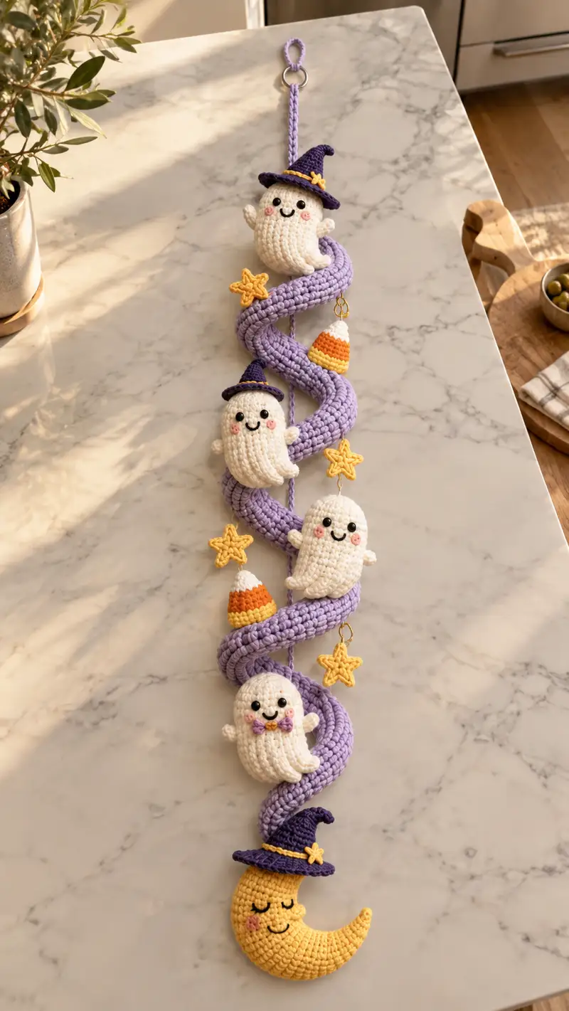 Halloween Phantoms Spiral Garland Amigurumi Pattern crochet pattern - detailed view of completed project