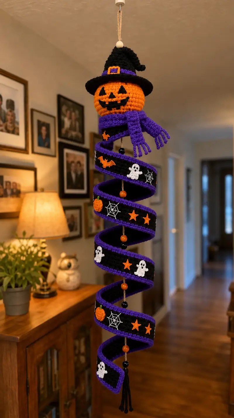 Spooky Spiral Pumpkin Hanging Amigurumi Pattern crochet pattern - detailed view of completed project
