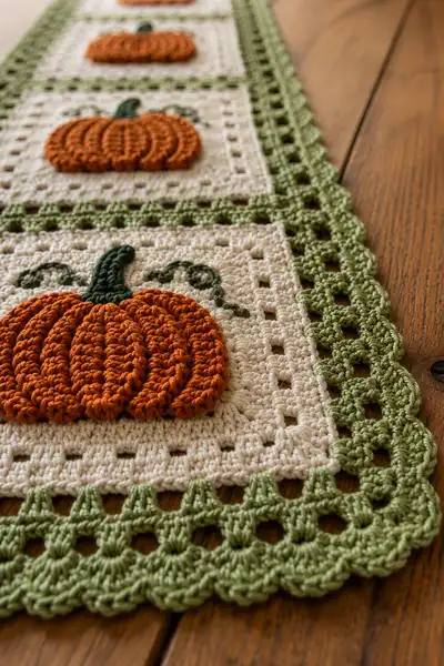 Long Granny Square Strip Table Runner with Pumpkin Motifs Pattern step 2 - assembly progress