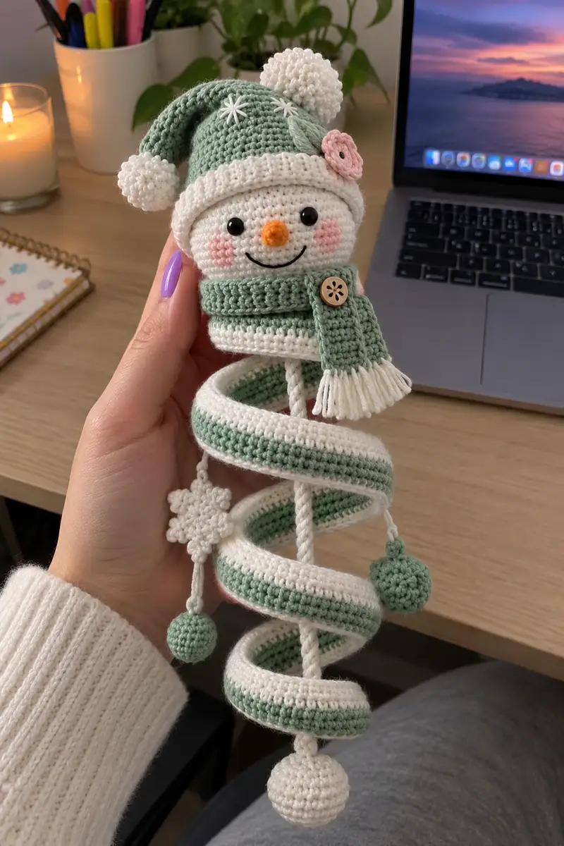 Mint & Cream Spiral Snow Friend Amigurumi Pattern crochet pattern - detailed view of completed project