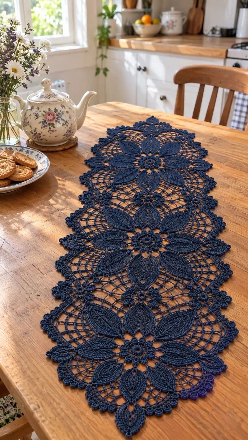 Elegant Navy Floral Lace Table Runner Pattern crochet pattern - detailed view of completed project