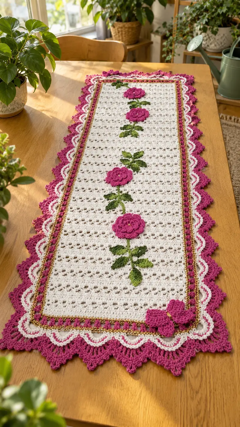 Vintage Rose Table Runner Pattern crochet pattern - detailed view of completed project