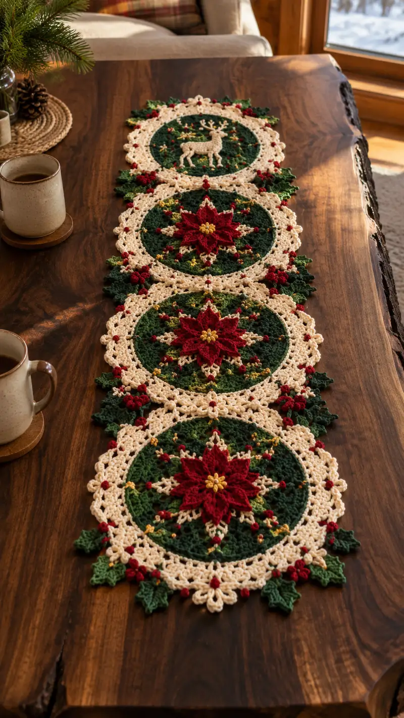 Red Poinsettia Forest Green Table Runner Pattern crochet pattern - detailed view of completed project