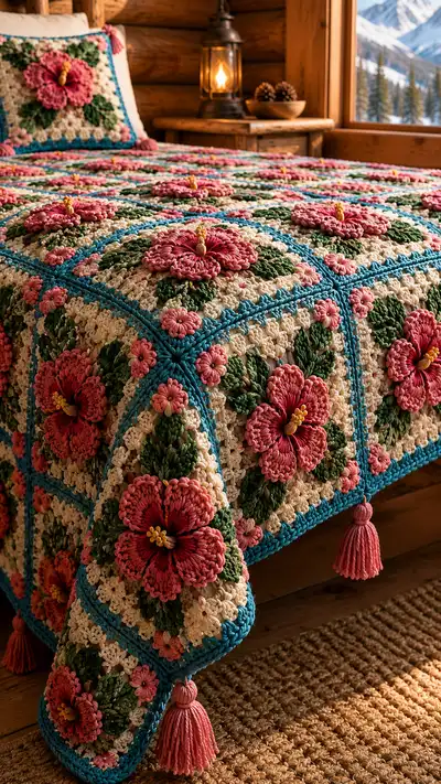 Coral Hibiscus Granny Bedspread Pattern step 2 - assembly progress