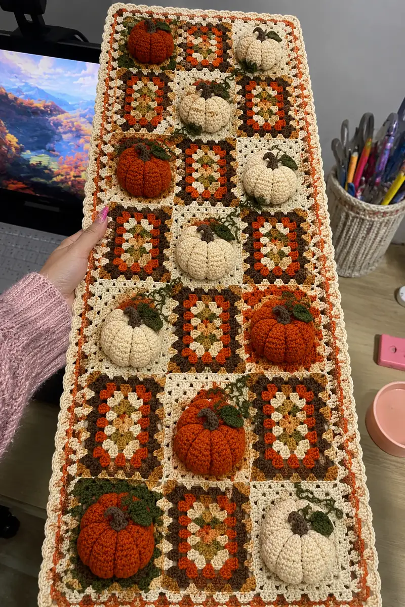 Rustic Granny Square Table Runner with Plump 3D Pumpkins Pattern crochet pattern - detailed view of completed project