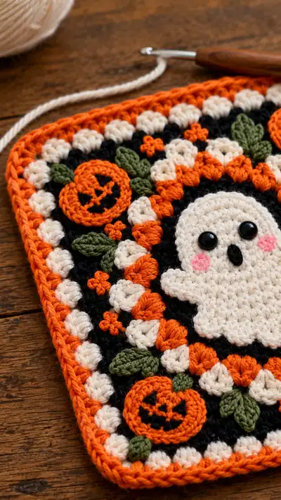 Spooky Ghost Granny Square Pattern step 2 - assembly progress