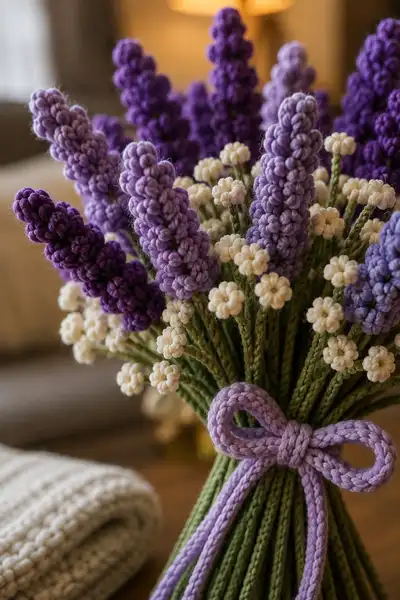 Lavender and Baby's Breath Crochet Bouquet Pattern step 2 - assembly progress