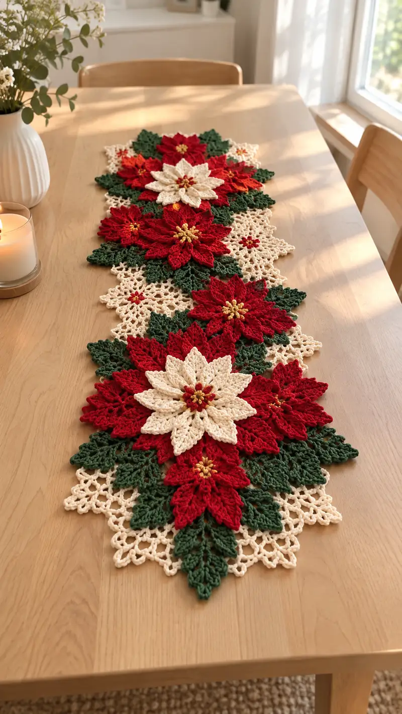 Red And Cream Poinsettia Table Runner Pattern crochet pattern - detailed view of completed project