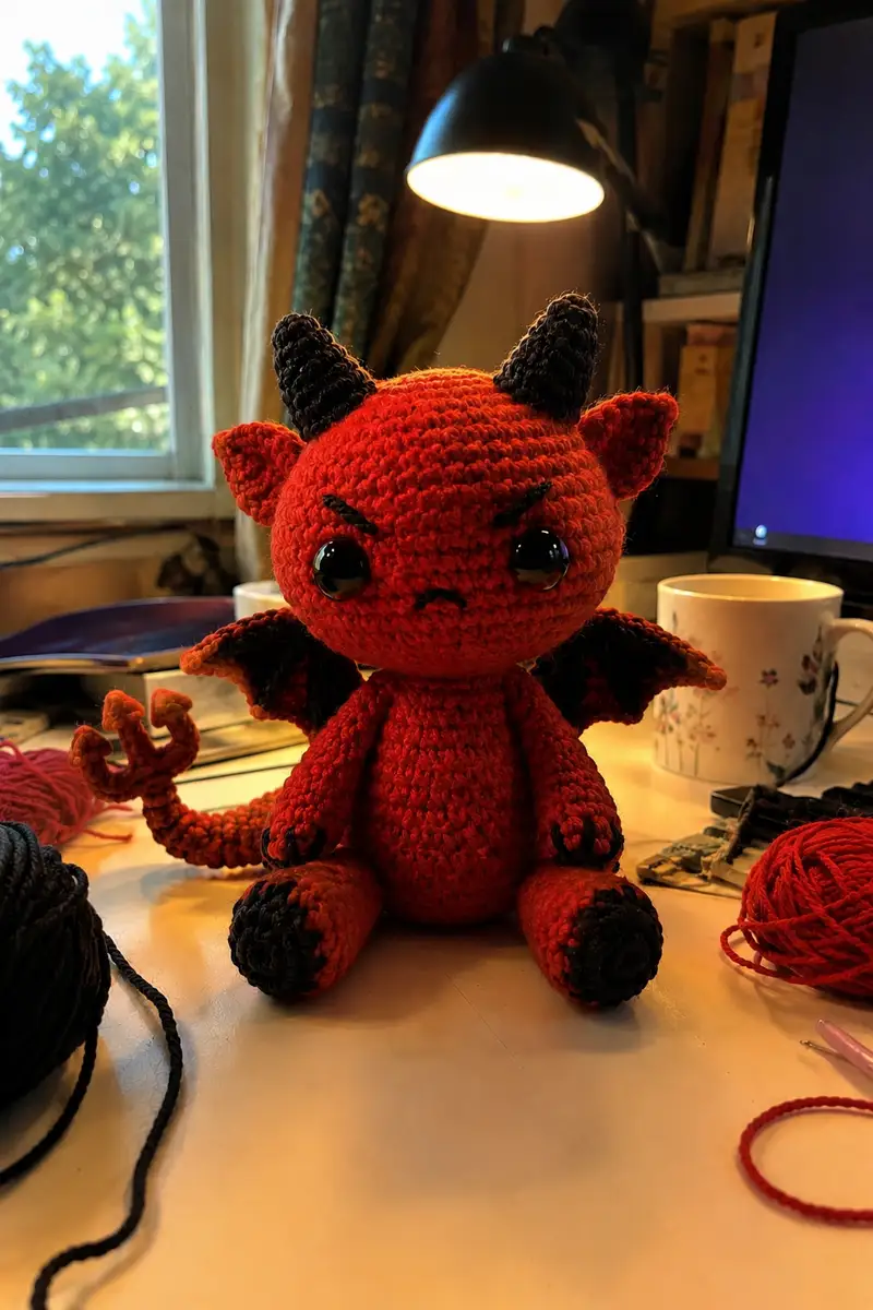 Cute Mad Devil Dragon with Little Pitchfork Tail Amigurumi Pattern crochet pattern - detailed view of completed project
