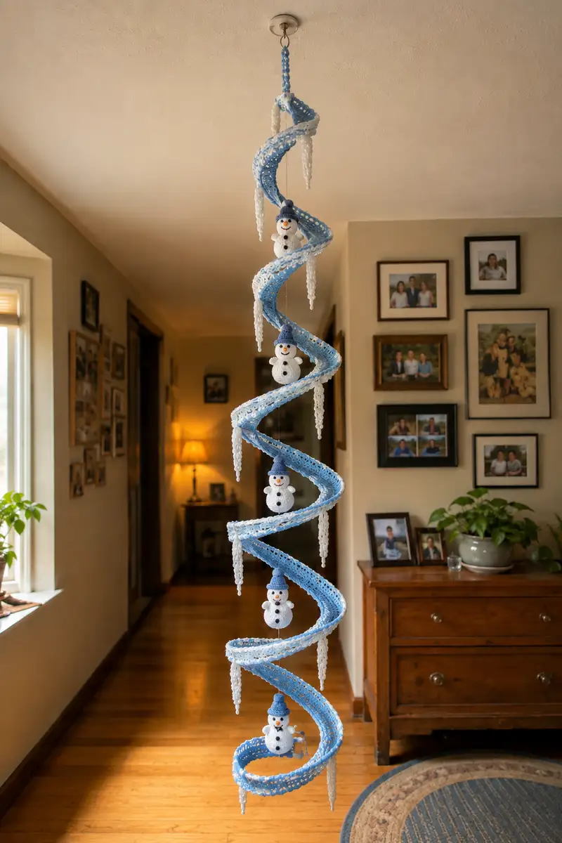 Icy Blue Spiral Snowman Garland Amigurumi Pattern crochet pattern - detailed view of completed project