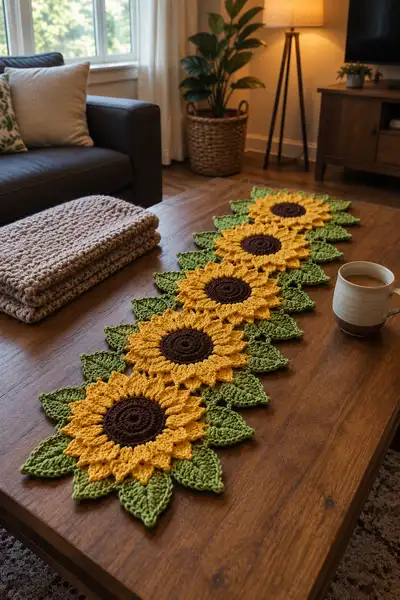 Joined Sunflower and Leaf Motif Table Runner Pattern step 1 - construction progress