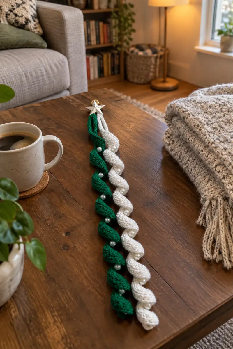 Emerald Pearl Spiral Christmas Garland Pattern crochet pattern - detailed view of completed project