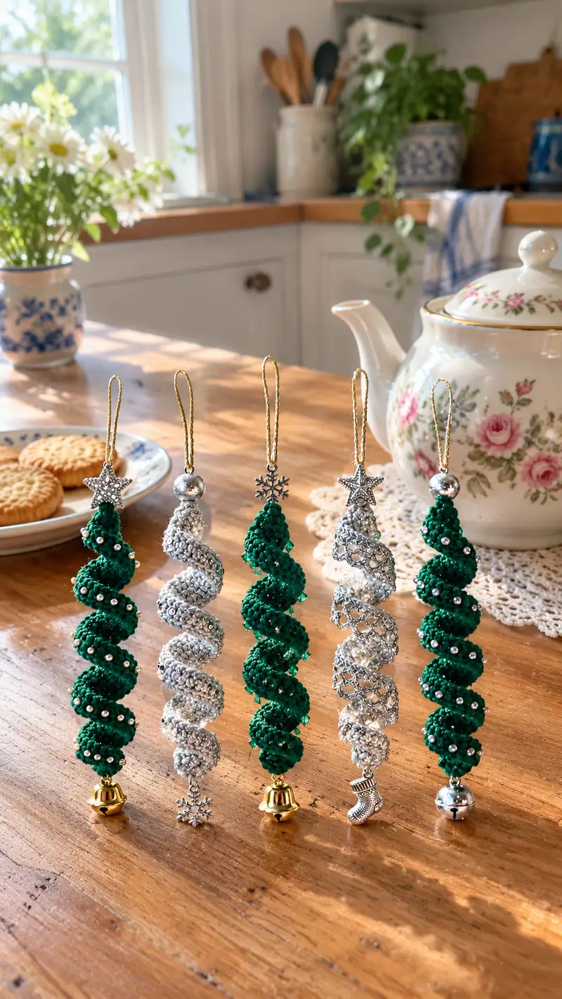Corkscrew Spiral Christmas Ornament Pattern crochet pattern - detailed view of completed project