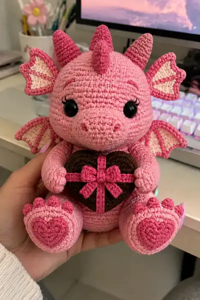 Big Candy Pink Love Dragon Holding a Chocolate Heart Box Amigurumi Pattern step 1 - construction progress