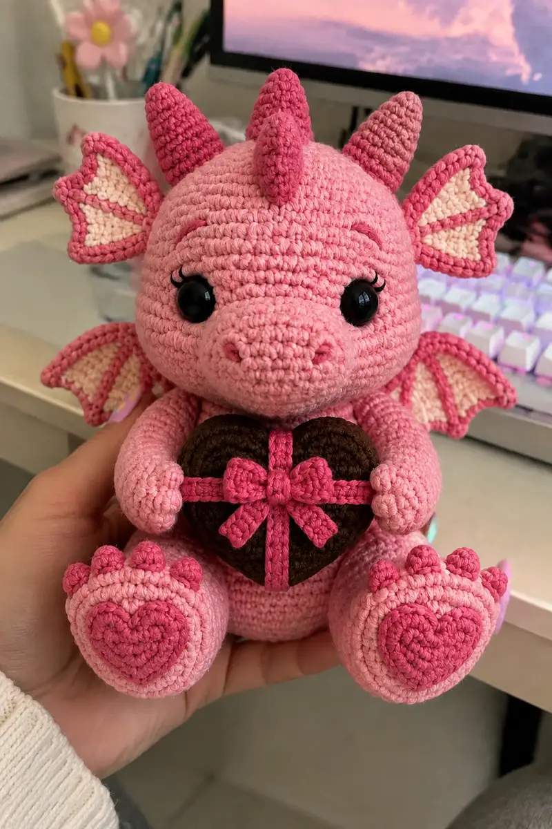 Big Candy Pink Love Dragon Holding a Chocolate Heart Box Amigurumi Pattern crochet pattern - detailed view of completed project