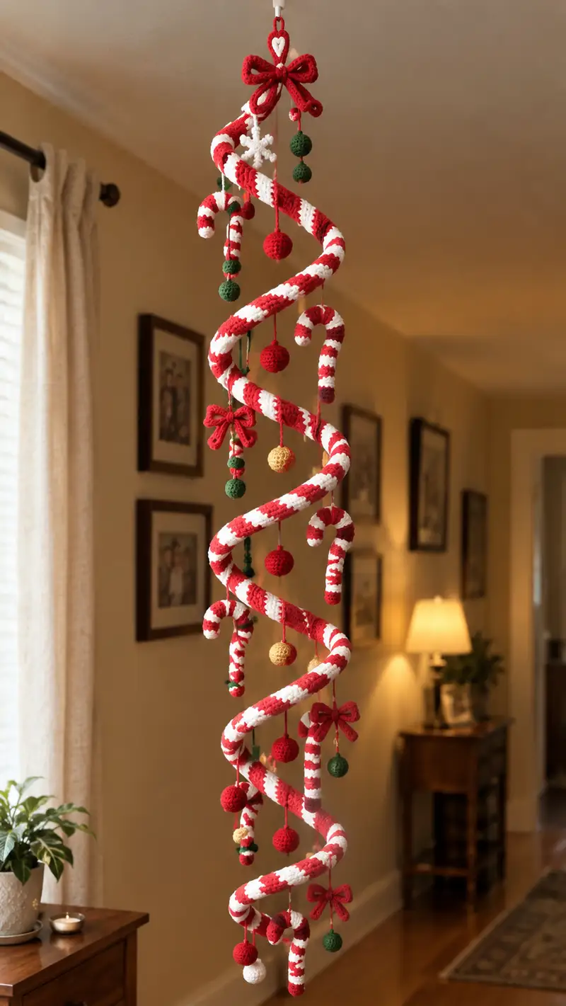 Candy Cane Spiral Holiday Mobile Pattern crochet pattern - detailed view of completed project