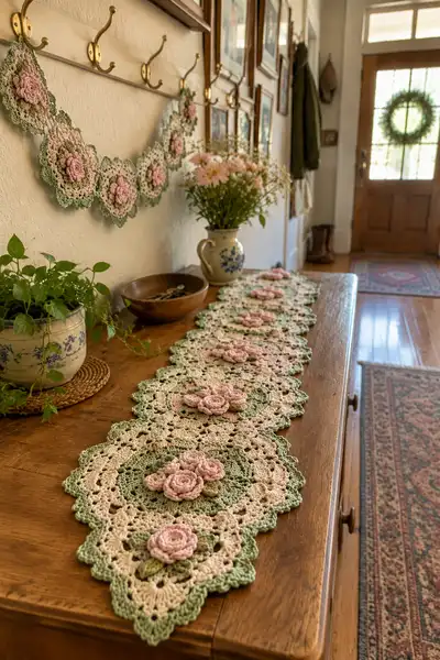 Cottagecore Rose Doily Autumn Table Runner Pattern step 1 - construction progress