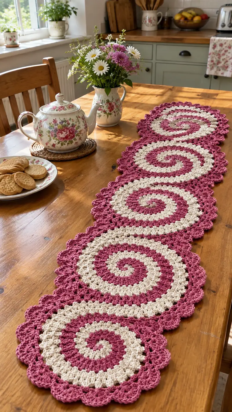 Spiral Circle Table Runner Pattern crochet pattern - detailed view of completed project