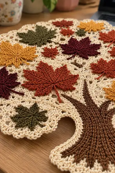 Autumn Maple Tree Doily Pattern step 2 - assembly progress