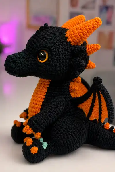 Halloween Spooky Dragon Amigurumi Pattern step 2 - assembly progress