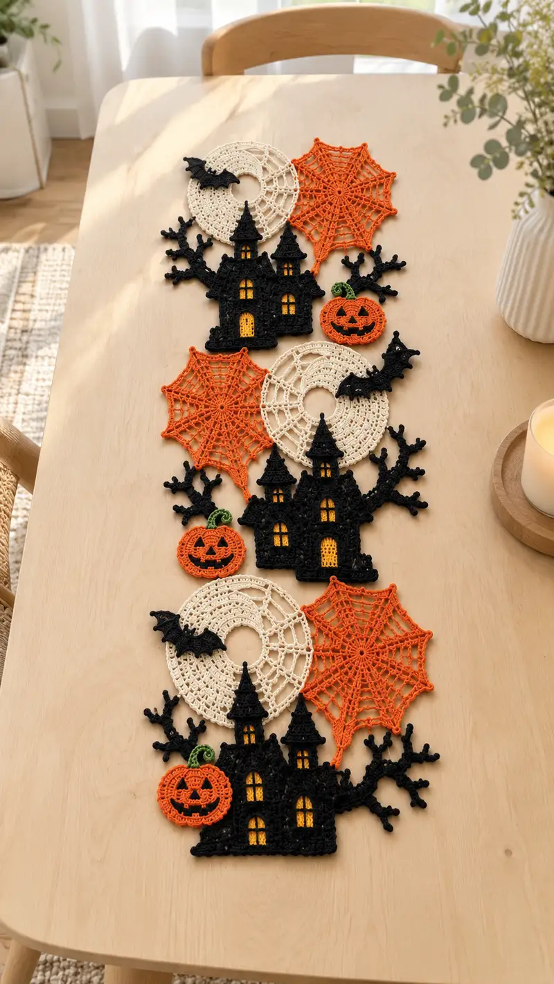 Spooky Halloween Table Runner Pattern crochet pattern - detailed view of completed project