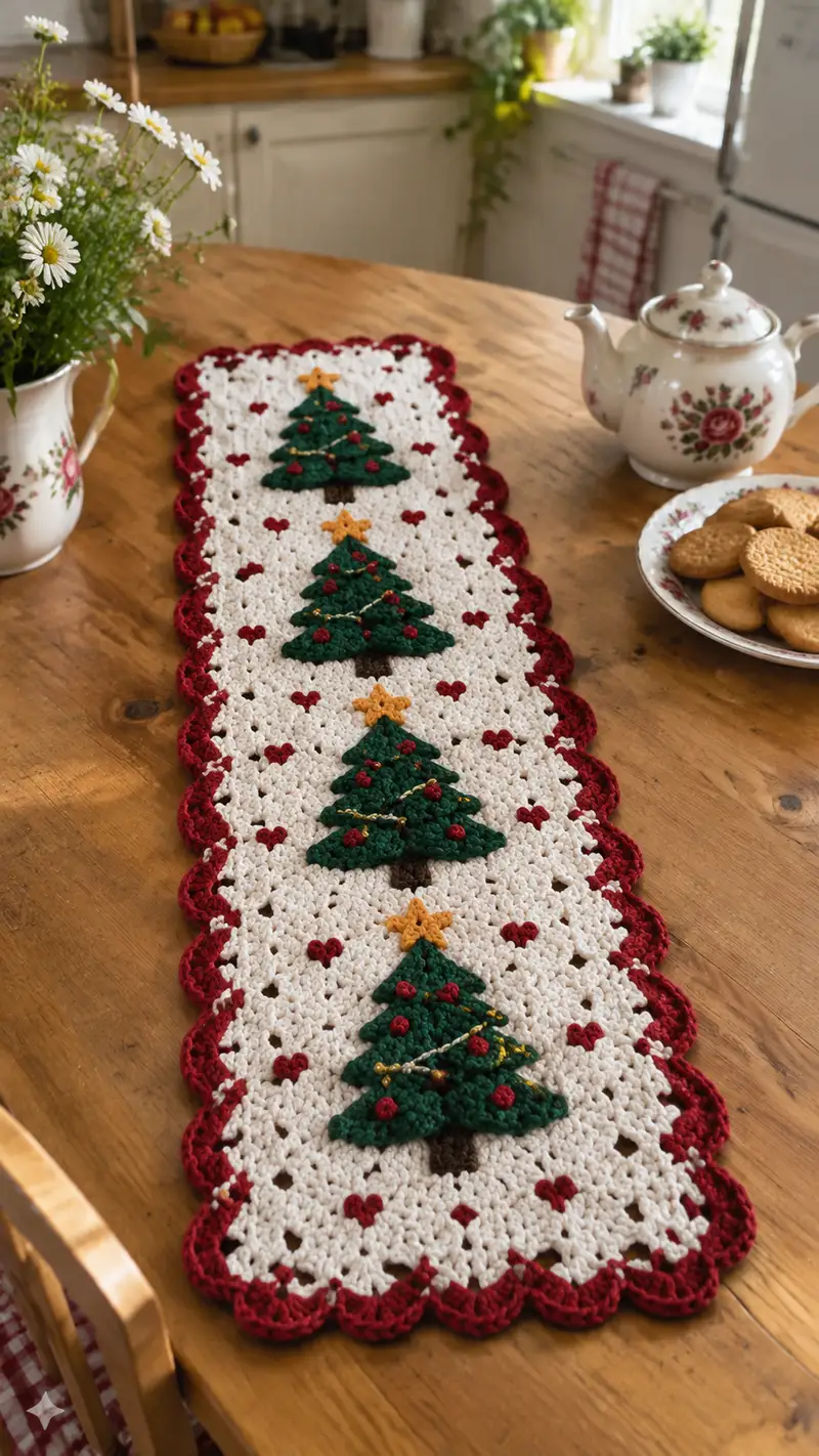 Festive Christmas Tree Table Runner Pattern crochet pattern - detailed view of completed project