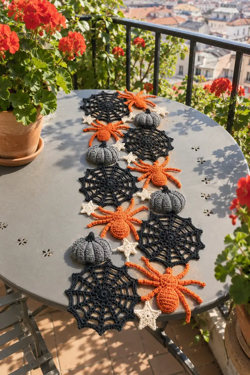 Giant Spider Web Halloween Table Runner Pattern crochet pattern - detailed view of completed project