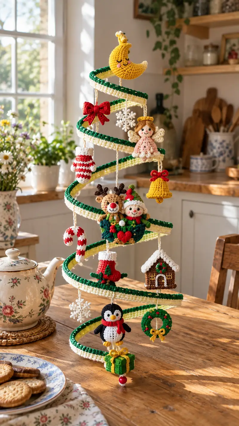 Whimsical Spiral Christmas Mobile Amigurumi Pattern crochet pattern - detailed view of completed project