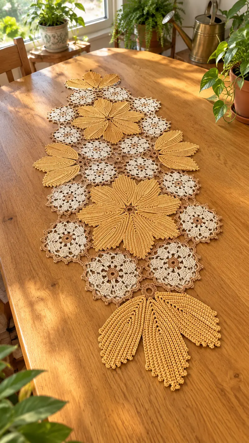 Sunflower Motif Table Runner Pattern crochet pattern - detailed view of completed project