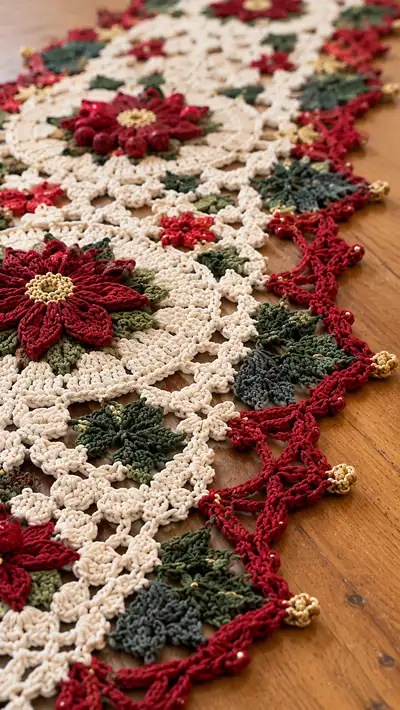 Festive Poinsettia Table Runner Pattern step 2 - assembly progress