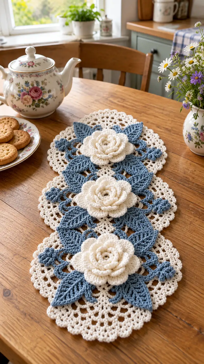 Vintage Rose Table Runner Pattern crochet pattern - detailed view of completed project