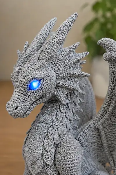 Giant Silver Moonlight Dragon with Glowing Blue Eyes Amigurumi Pattern step 2 - assembly progress