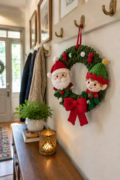 Cozy Christmas Character Wreath with Santa and Elf Amigurumi Pattern step 1 - construction progress