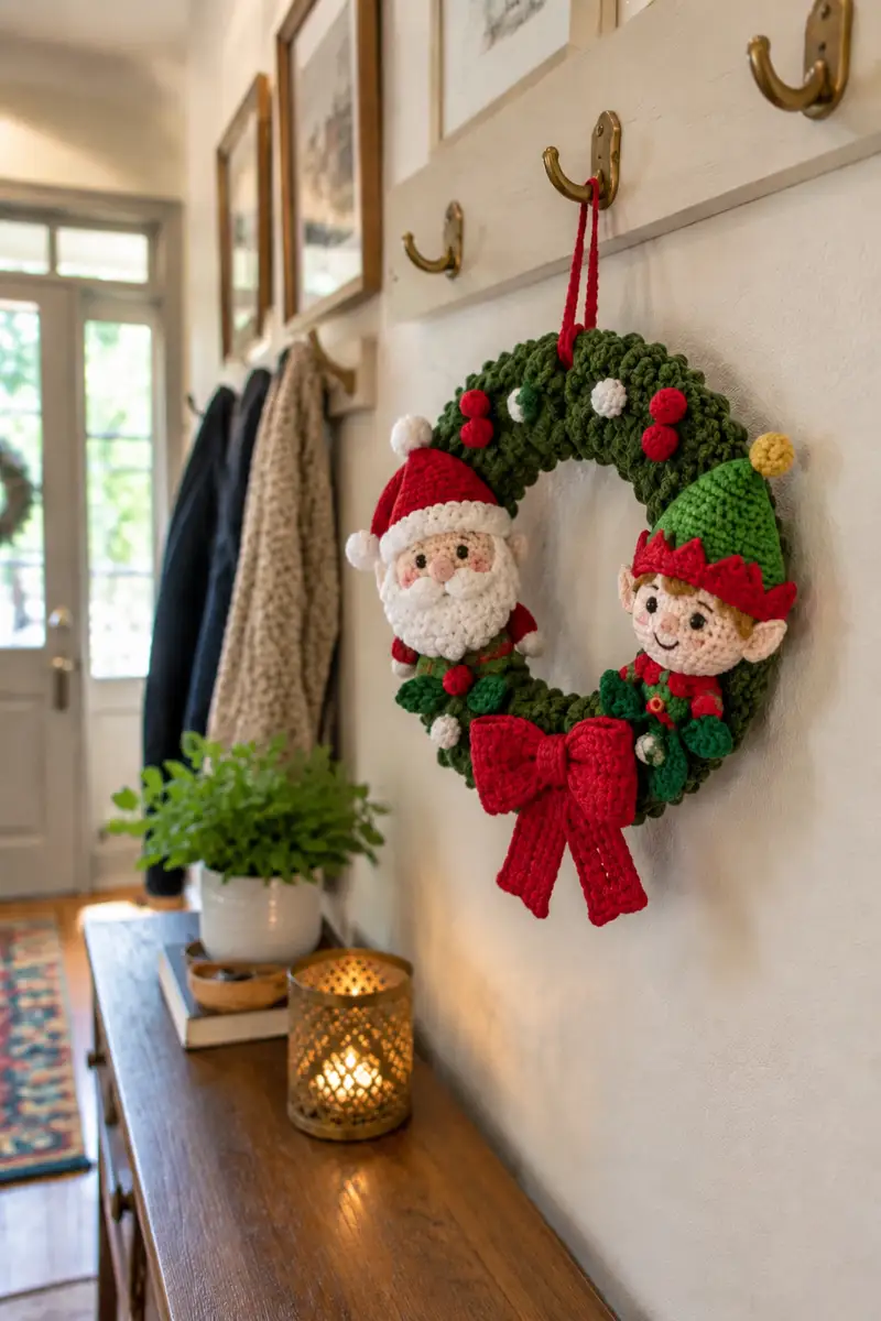 Cozy Christmas Character Wreath with Santa and Elf Amigurumi Pattern crochet pattern - detailed view of completed project