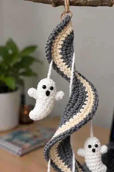Spiral Ghost Garland Amigurumi Pattern step 2 - assembly progress
