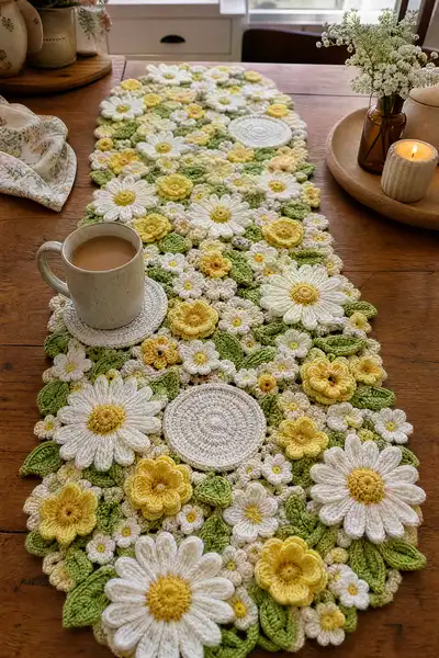 Daisy Buttercup Crochet Table Runner Pattern step 1 - construction progress