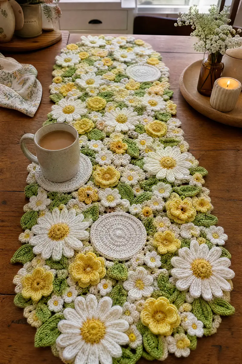 Daisy Buttercup Crochet Table Runner Pattern crochet pattern - detailed view of completed project