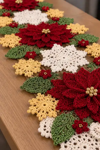 Festive Poinsettia Table Runner Pattern step 2 - assembly progress