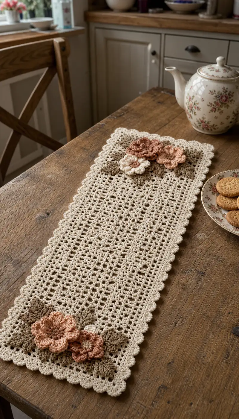 Vintage Floral Table Runner Pattern crochet pattern - detailed view of completed project