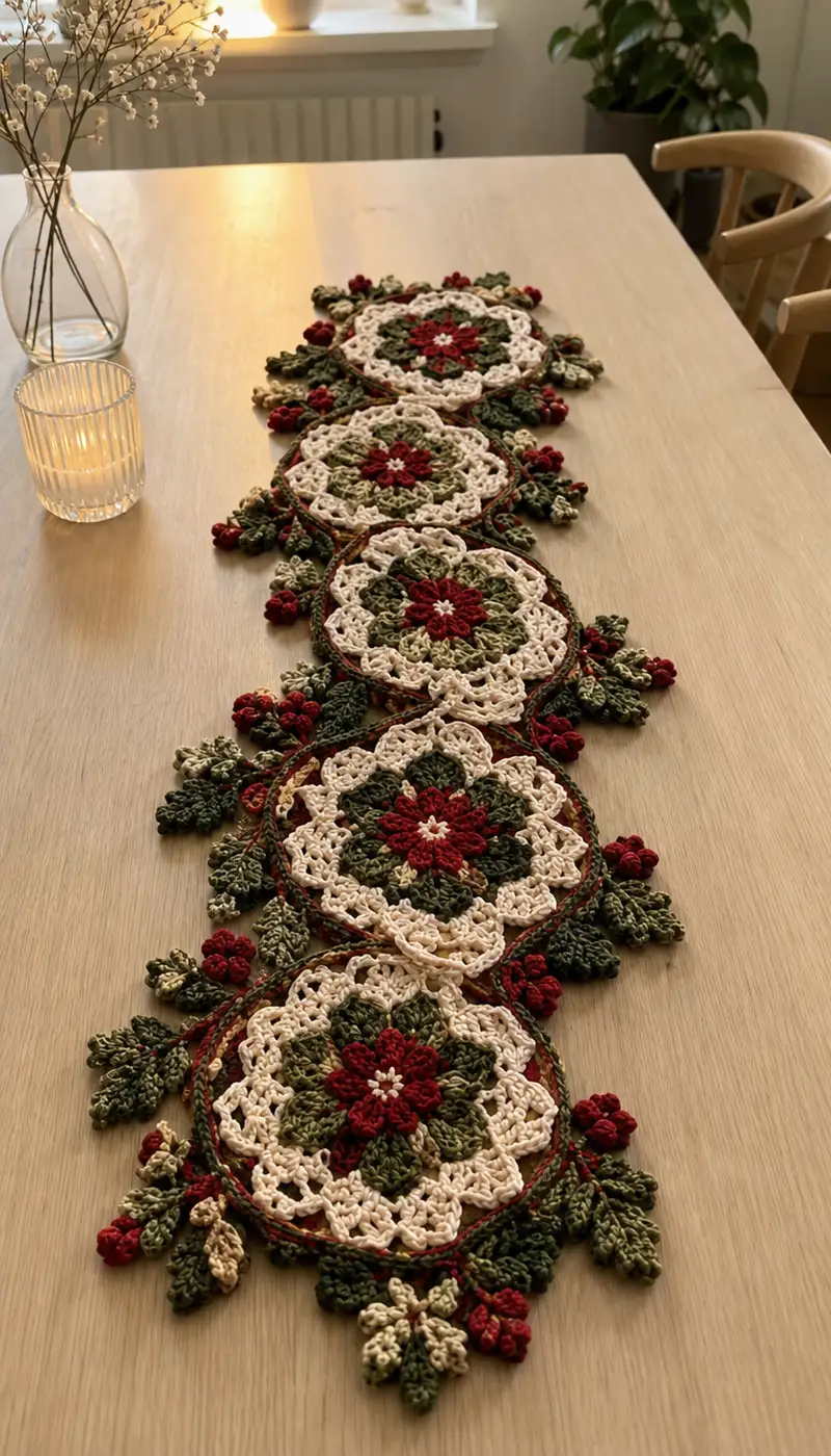 Cream Burgundy Floral Motif Table Runner Pattern crochet pattern - detailed view of completed project