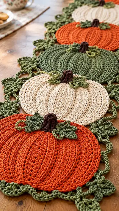 Autumn Pumpkin Table Runner Pattern step 2 - assembly progress