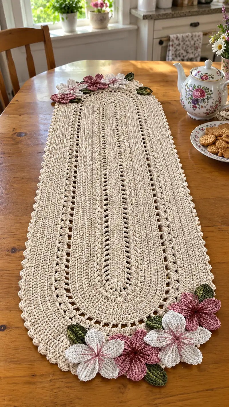 Elegant Oval Table Runner Pattern crochet pattern - detailed view of completed project